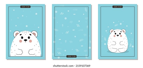 Set of postcards with cute polar bear, set of postcards with polar animals, set of A4 illustrations for poster with cute vector teddy bear, animals in north pole