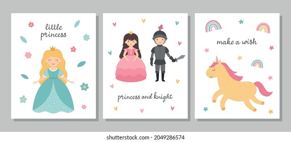 Un conjunto de postales con princesas lindas. Pequeña princesa, caballero, unicornio. Afiches para niños. Ilustración de vectores