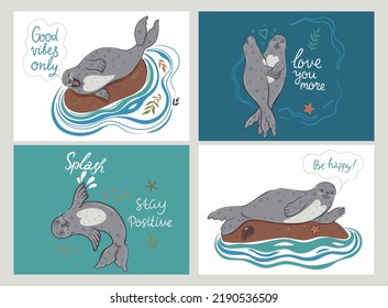 Set of postcards with cute seals. Vector graphics.