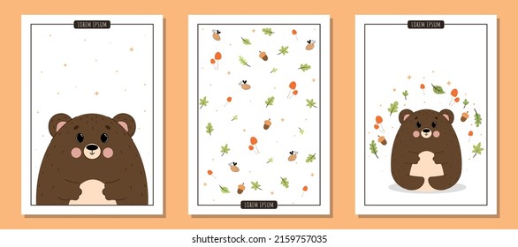 Juego de postales con oso de peluche lindo, juego de postales con animales salvajes, conjunto de ilustraciones A4 para afiche con oso de peluche lindo vector marrón, animales en el bosque