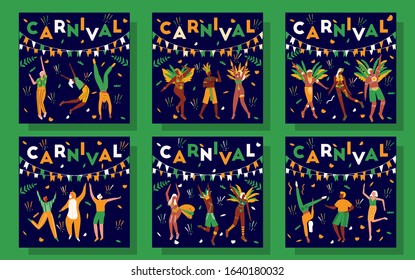 Set of postcards with dancing people in carnival costumes. Cards for carnival in Brazil. Concept of festival, party.Design element for banner, poster, card.Flat vector illustration