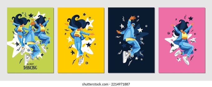 Set of postcards. Dancing people in a flat style. A poster for a music festival, performance, concert or party. Summer holliday, vacation, travel. Vector templates for card, poster, flyer, banner