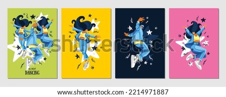 Set of postcards. Dancing people in a flat style. A poster for a music festival, performance, concert or party. Summer holliday, vacation, travel. Vector templates for card, poster, flyer, banner