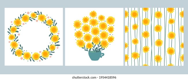 A set of postcards with dandelions. A cute dandelion wreath and a bouquet in a mug. Yellow spring flowers. Seamless vector pattern