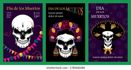 Set of postcards for the day of the dead. Vector image with skulls. Mexican skulls.Design elements for flyer, postcard, poster, banner.