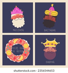 A set of postcards for the day of the Epiphany or the day of the Magic Kings. Traditional Spanish dessert roscon de reyes and three kings Melchor, Gaspar and Balthazar. Vector illustration for design.