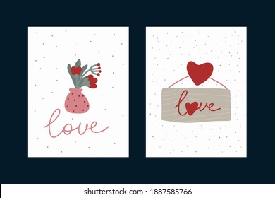 A set of postcards for the day of love. Cute greeting cards with gold elements with the inscription Love. Flowers, Vase, Hearts, Signboard, lettering. Red dot background. Valentine's day collection