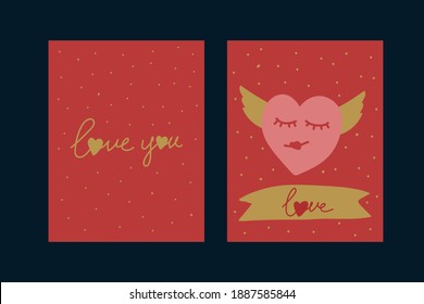 A set of postcards for the day of love. Cute Red greeting cards with gold elements. Hearts, Wings, lettering Love you. Golden dot background. Valentine's day collection. Vector illustration