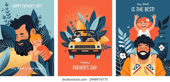 Set of postcards dedicated to Father's Day. Family, father and son, father and daughter, friendship and mutual understanding. Prints for clothes, cover for notebooks, posters, postcards, advertising a