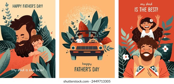 Set of postcards dedicated to Father's Day. Family, father and son, father and daughter, friendship and mutual understanding. Prints for clothes, cover for notebooks, posters, postcards, advertising a