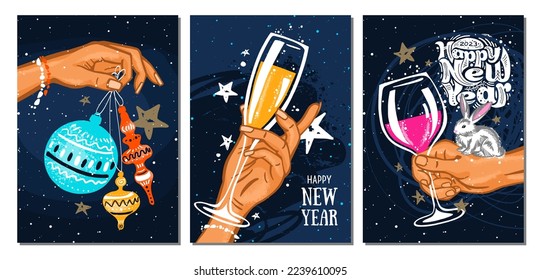 Set of postcards dedicated to the holiday New Year. Congratulation, party, holiday, champagne, wine, sparkler and Christmas ball. Vector templates for card, poster, flyer, banner and other