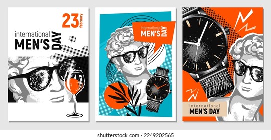 Set of postcards dedicated to   international men's day. February 23.  Postcards with men statue, abstraction and congratulations. Stylish flat graphics and original design