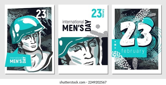 Set of postcards dedicated to   international men's day. February 23.  Postcards with men statue, abstraction and congratulations. Stylish flat graphics and original design