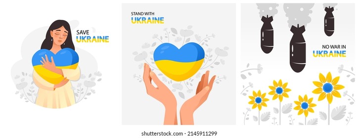 A set of postcards dedicated to Ukraine. Support for Ukraine. No to war. Stand with Ukraine, help Ukrainian. Vector illustration.