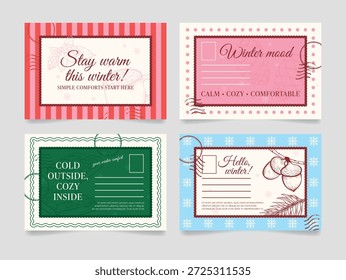 Eine Reihe von Postkarten, die den Winterferien gewidmet sind. Jede Karte hat ein einzigartiges Design mit Elementen zum Thema Winter und eine Botschaft der Wärme, des Komforts und der Grüße für kalte Tage.