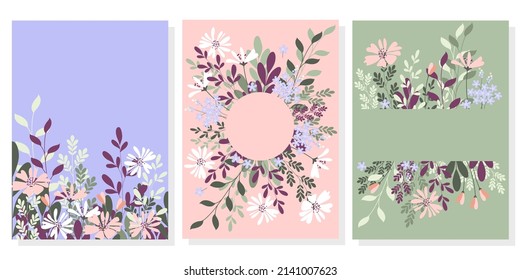 set of postcards with a delicate decor of flowers and leaves in a naive style with a place for text. spring and summer floral decor. congratulations and an invitation to a holiday or wedding. EPS 10.