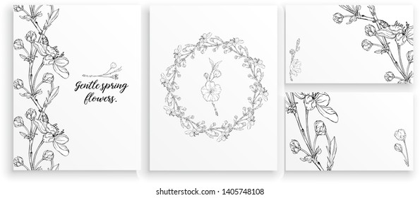 set of postcards with delicate spring flowers