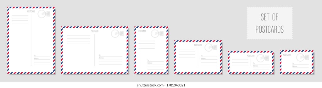 Un conjunto de postales de diferentes formatos. Diseño de arte de tarjetas de viaje postales. Plantilla de simulación de correo aéreo en blanco. Resumen del elemento gráfico de concepto. Ilustración vectorial.