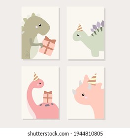 Set of postcards with dinosaurs in cartoon style: brachiosaurus, stegosaurus, triceratops and tyrannosaurus.