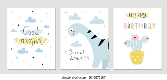 Set of postcards with dinosaurs. Vector illustration with an animal, in a modern cartoon style, for printing on packaging paper, postcard, poster, banner, clothing. Cute children's background.