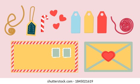 A set of postcards and envelopes. Isolated hand-drawn postcards and envelopes with postage stamps. Modern collection of letter designs. Vector illustration for web and print.