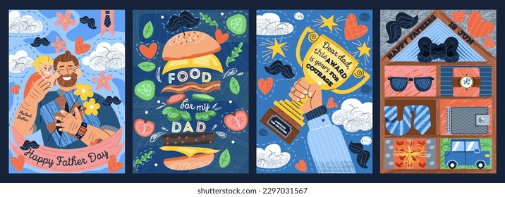 Set of postcards for Father Day. June 18 holiday for dads. Congratulatory posters with happy parent and child, award, food and gifts in doodle hand drawn style. Cartoon flat vector illustration