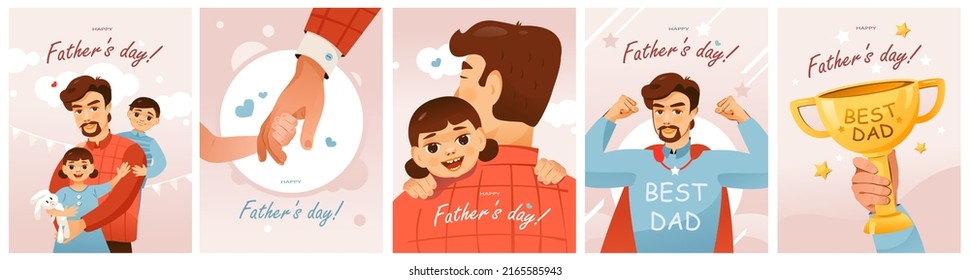 A set of postcards for Father's Day. The best dad. Father with children. Cartoon vector illustration