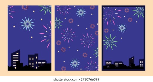 A set of postcards featuring fireworks against the night sky. Vector hand drawn illustration for your projects.