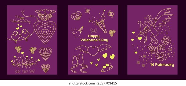 a set of postcards for February 14th with the symbols of Valentine's Day, postcards for lovers, holiday decoration and themed space design