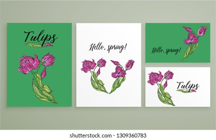 set of postcards with floral spring compositions