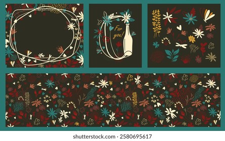 Set of postcards with flowers. hand drawing. Not AI, Vector illustration.