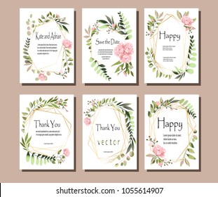 A set of postcards with flowers, leaves. Vector illustration. Decorative invitation to the holiday. Wedding, birthday. A universal card.Pink rose.  Geometric frames.