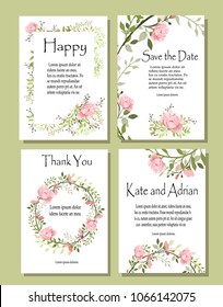 A set of postcards with flowers, leaves. Vector illustration. Decorative invitation to the holiday. Wedding, birthday. A universal card.Pink roses .