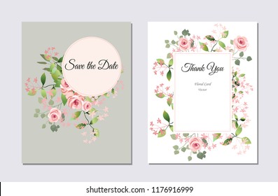 Set of postcards with flowers, leaves. Vector illustration. Decorative invitation to the holiday. Wedding, birthday. Universal card. Pink rose. Geometric framework.