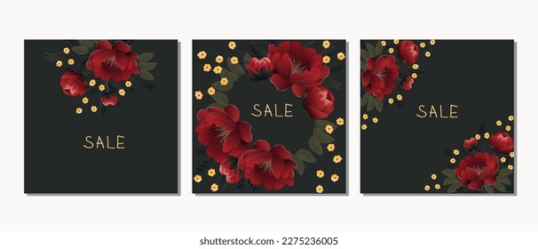 Juego de postales con flores. Guarda la fecha. Flores rojas increíbles. Tarjeta de matrimonio. Tarjeta de invitación
