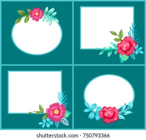 Set of postcards with flowers and twigs on dark blue background. Vector illustration with round and square frames decorated with pencil drawn herbs