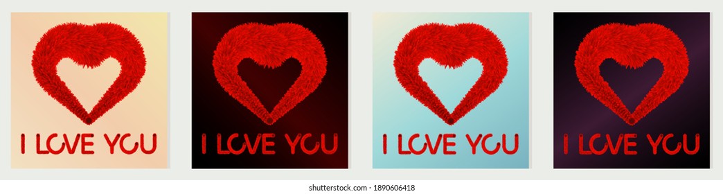 Set of postcards with fluffy hearts and inscriptions - I love you. On colorful backgrounds