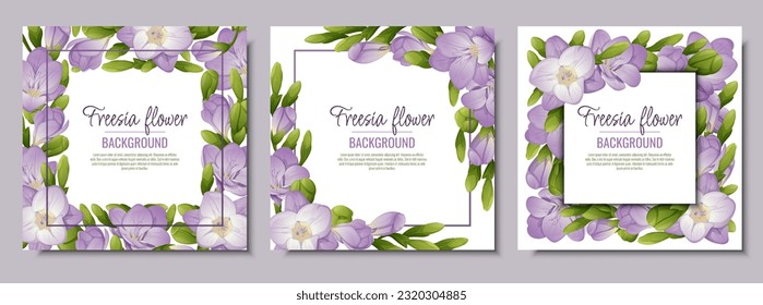 Set of postcards with freesia flowers. Beautiful frame with purple flowers and buds. Spring card, banner, wedding invitation.