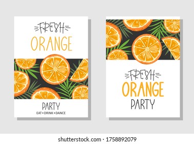Eine Reihe von Postkarten. Frische orangefarbene, tropische Blätter, Blumen und Scheiben. Handkalligraphie von "Fresh Party". Label, Werbeelement für Banner.
Vektorgrafik. Druck auf Stoff, Papier, Postkarten, 
