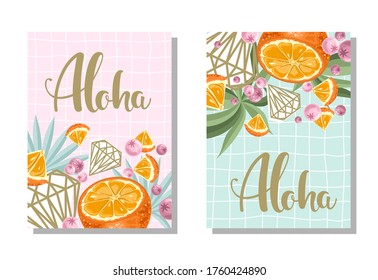 A set of postcards. Fresh orange, tropical leaves, flowers and slices. Hand calligraphy of "Aloha". Label, banner advertising element.
Vector illustration. Printing on fabric, paper, postcards, invita