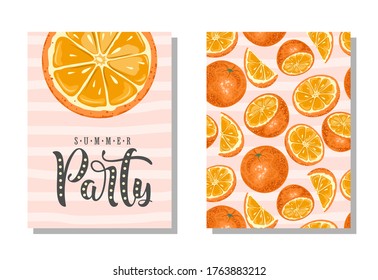 A set of postcards. Fresh orange, tropical leaves, flowers and slices. Hand calligraphy of "Summer Party". Label, banner advertising element.
Vector illustration. Printing on fabric, paper, postcards,