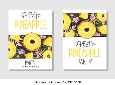 Set of postcards. Fresh pineapple, leaves, flowers and slices. Hand calligraphy. Label, banner advertising element.
 Vector illustration. Printing on fabric, paper, postcards, invitations.
