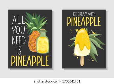 Set of postcards. Fresh pineapple, leaves, flowers and slices. Hand calligraphy. Label, banner advertising element.
 Vector illustration. Printing on fabric, paper, postcards, invitations.
