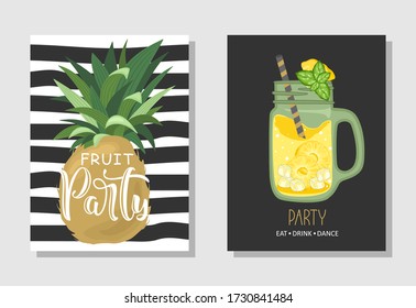 Set of postcards. Fresh pineapple, leaves, flowers and slices. Hand calligraphy. Label, banner advertising element.
 Vector illustration. Printing on fabric, paper, postcards, invitations.
