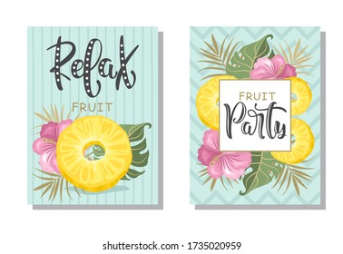 Un conjunto de postales. Piña fresca, hojas, flores y rodajas. Caligrafía manual del "Partido de la Fruta". Etiqueta, elemento publicitario de banner.
Ilustración vectorial. Impresión en tela, papel, postales, 