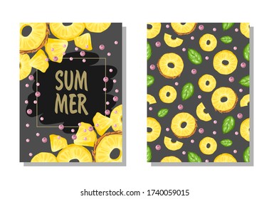 A set of postcards. Fresh pineapple, leaves, flowers and slices. Manual calligraphy of the "Summer". Label, banner advertising element.
Vector illustration. Printing on fabric, paper, postcards, invit