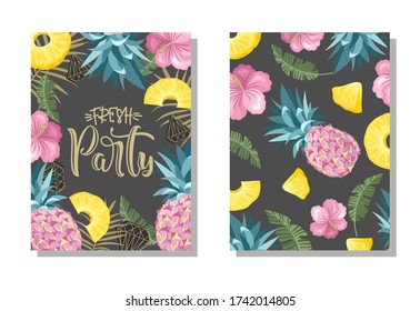 A set of postcards. Fresh pineapple, leaves, flowers and slices. Manual calligraphy of the "Fresh Party". Label, banner advertising element.
Vector illustration. Printing on fabric, paper, postcards, 