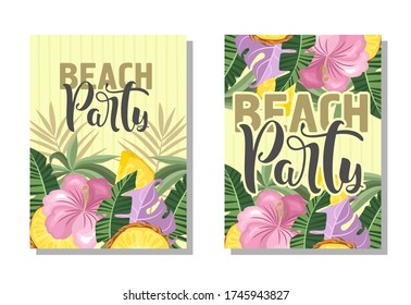 A set of postcards. Fresh pineapple, leaves, flowers and slices. Manual calligraphy of the "Beach Party". Label, banner advertising element.
Vector illustration. Printing on fabric, paper, postcards, 