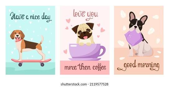 A set of postcards with funny dogs. Cartoon design.
