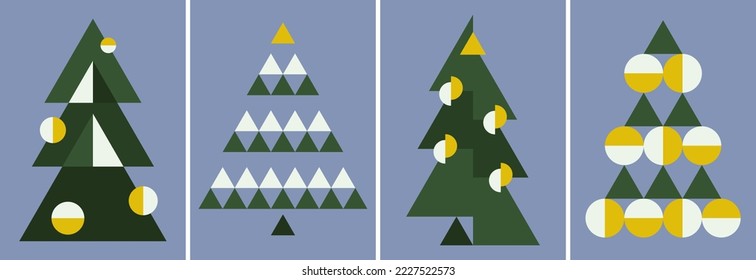 Set of postcards with geometric Christmas trees. Poster designs in abstract style.